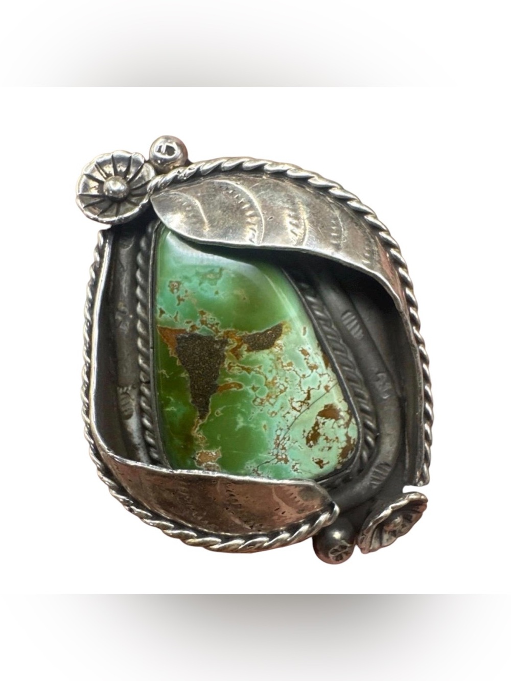 Vintage Native American Navajo Sterling Silver Green Royston Turquoise Ring 7.75